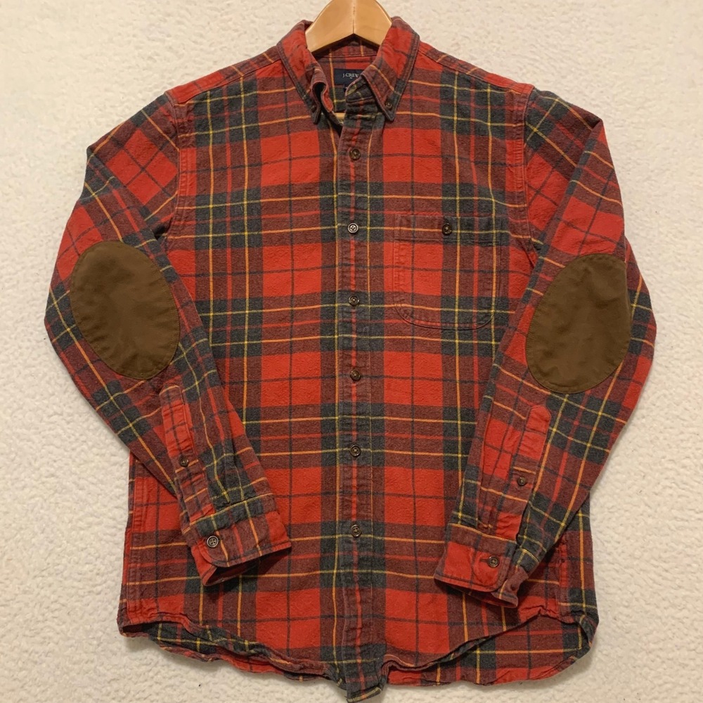 J.Crew Plaid Flannel Shirt Mens Small Elbow Patches F4557 Cotton Button Down Red